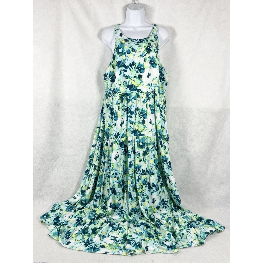 Torrid Halter Maxi Dress Womens 1 US 1X Green Tiered Gauze Sleeveless Floral Y2K